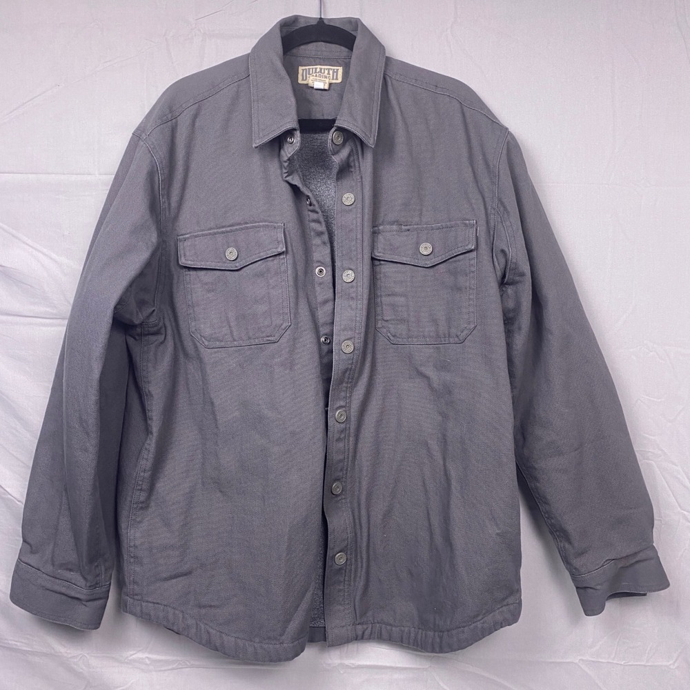 Duluth Trading Co Fleece Lined Fire Hose Canvas Shirt Jacket Mens L Gray Cotton